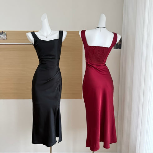 Square Neck Side Fold Split Satin Dress